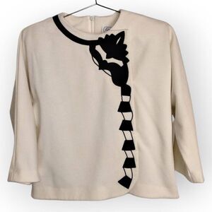 Vtg‎ Leslie Fay Womens Top Sz 10 Cream Knit Black Velvet Back Zip 60s Whimsicore